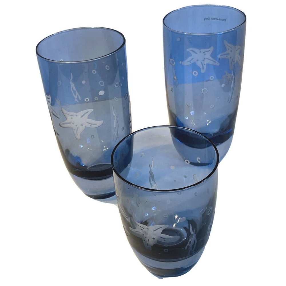 Lot Of 3 Glass Tumblers Etched Starfish Ocean Heavy Thick Base